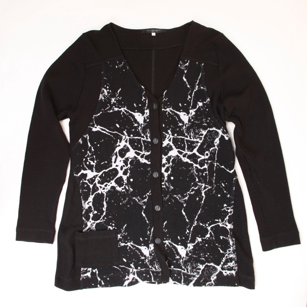 *Vintage* French Black Cardigan White Marble Print